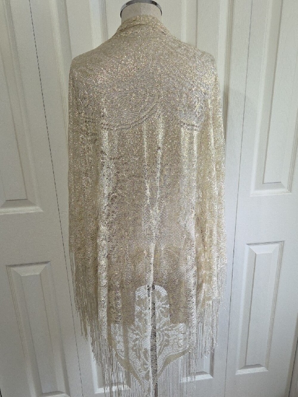 Elegant Metallic Lace Fringe Shawl - Champagne - Picture 4 of 6